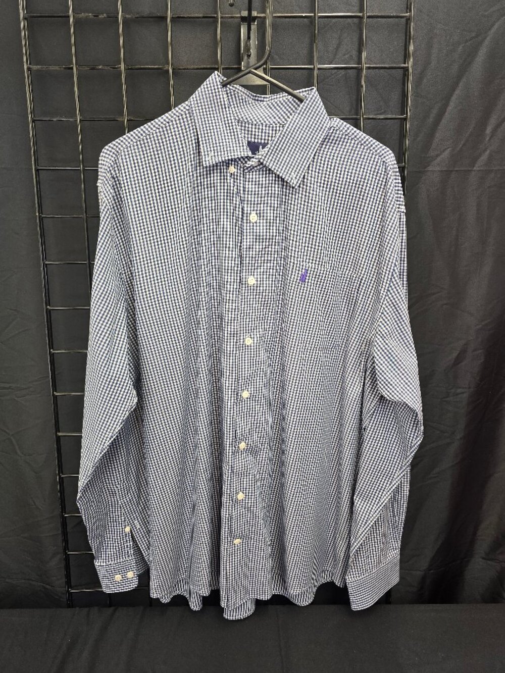 johnnie-O Men's XL Navy Gingham Long Sleeve Button Down Shirt Purple Logo